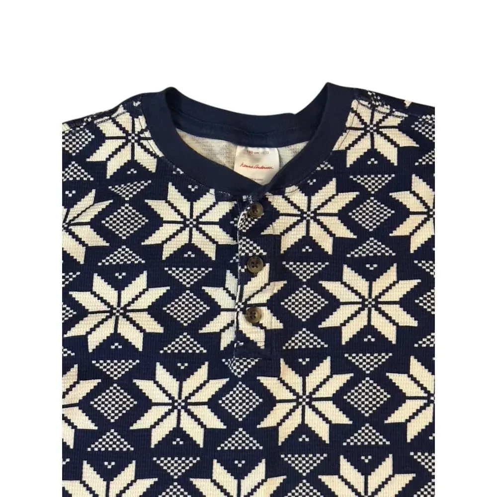 Hanna Andersson Navy Blue & White Snowflake Print Thermal Henley Shirt Sz 12